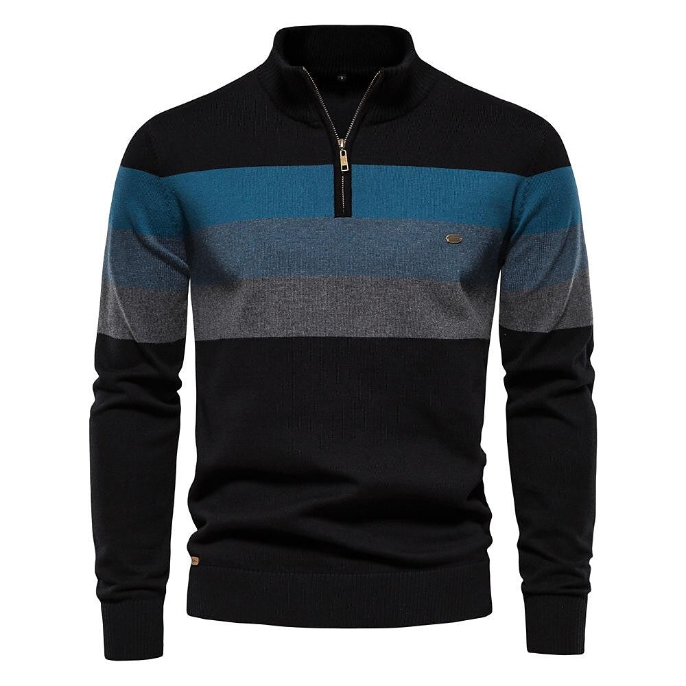 Herren-Pullover mit halbem Reißverschluss, Stehkragen und Kontraststreifen