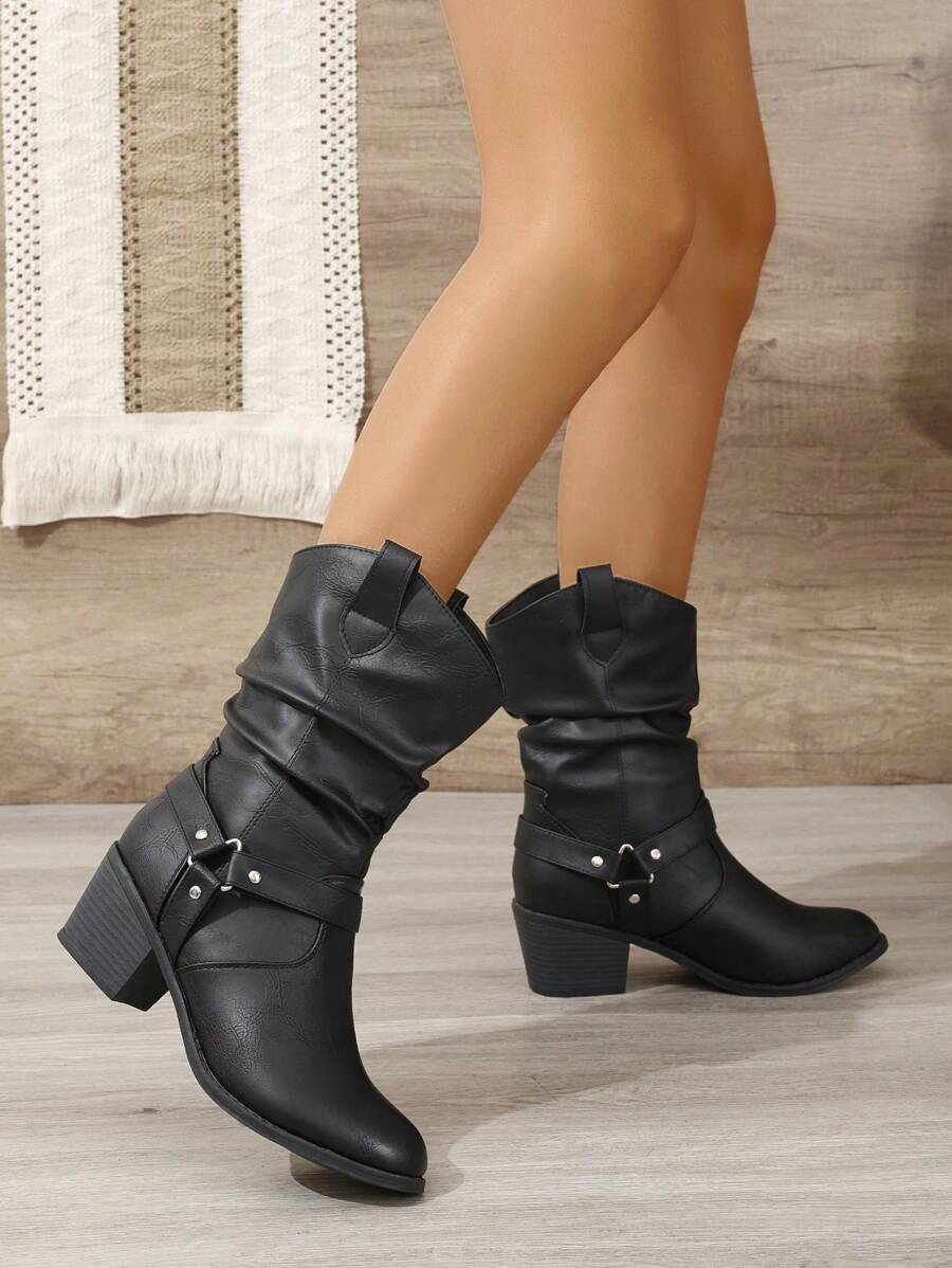 Freizeit-Reitstiefel mit Schnallenverzierung, wadenhoch