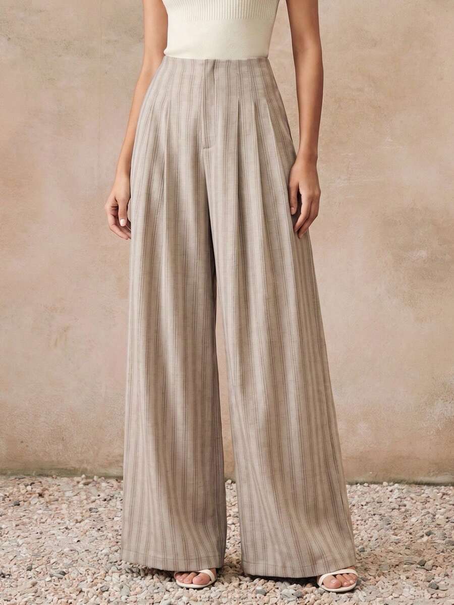 Hochtaillierte, plissierte, gestreifte A-Linien-Hose mit weitem Bein