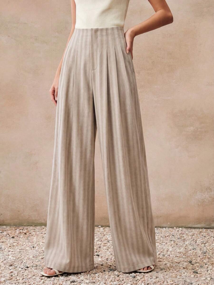 Hochtaillierte, plissierte, gestreifte A-Linien-Hose mit weitem Bein