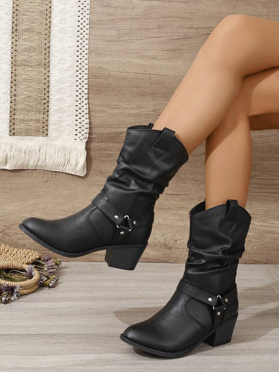 Freizeit-Reitstiefel mit Schnallenverzierung, wadenhoch