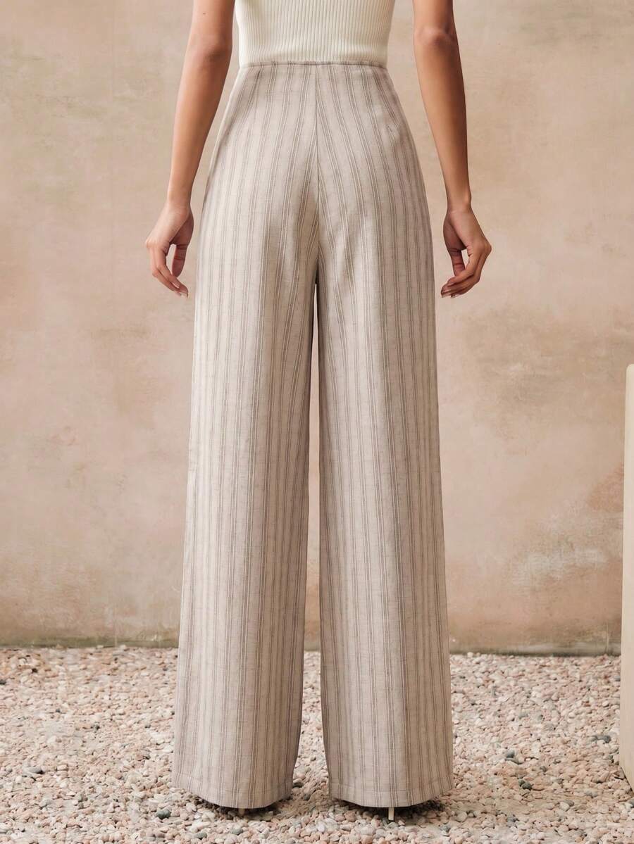 Hochtaillierte, plissierte, gestreifte A-Linien-Hose mit weitem Bein