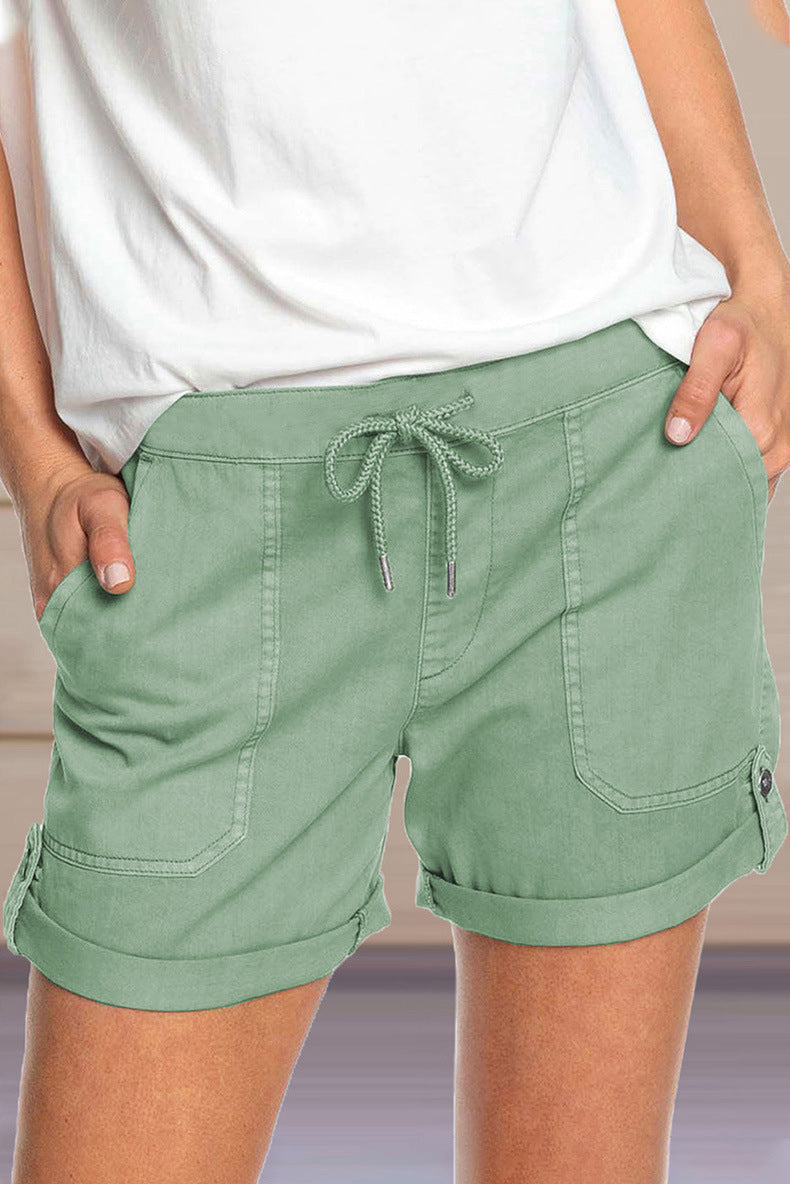Damenshorts mit verstellbarem Taillenzugband und umgeschlagenem Saum
