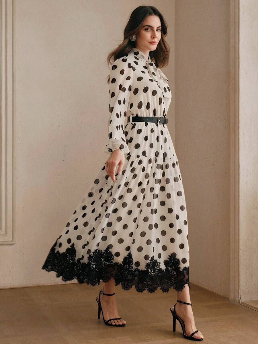 Elegantes Damen-Kleid aus Chiffon mit Polka-Dot-Muster, Spitzendetails und Bindegürtel
