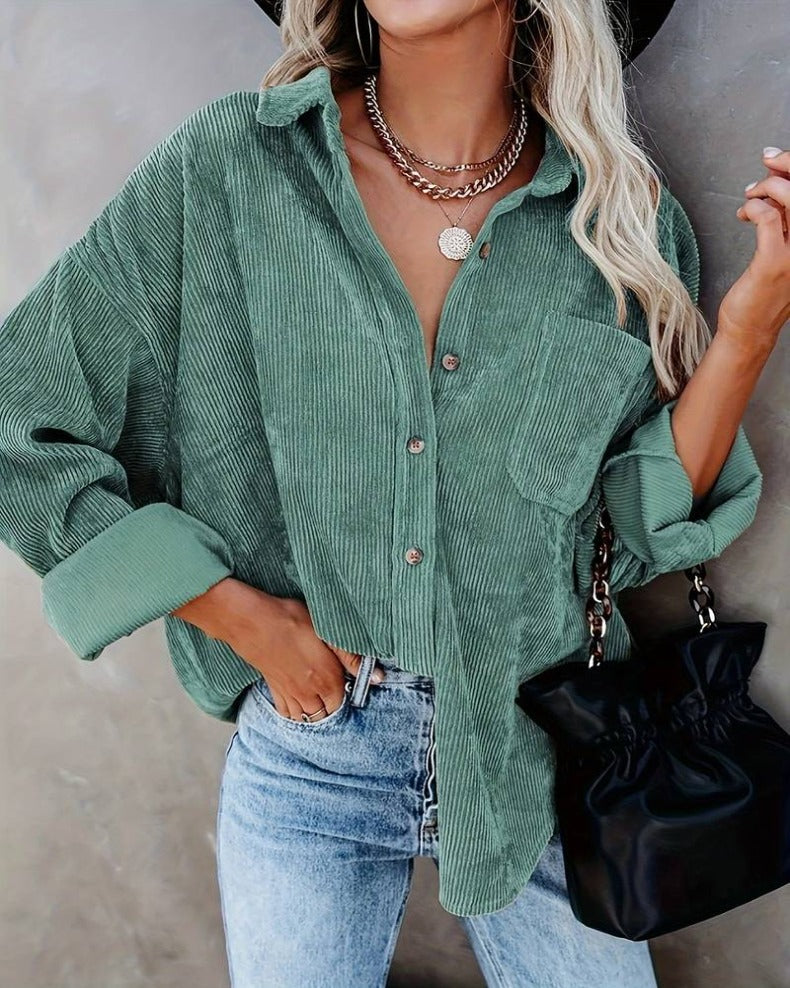 Damen Samt-Bluse mit langen Ärmeln, lässiger Vintage-Stil, Herbst/Winter