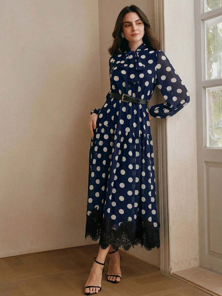Elegantes Damen-Kleid aus Chiffon mit Polka-Dot-Muster, Spitzendetails und Bindegürtel