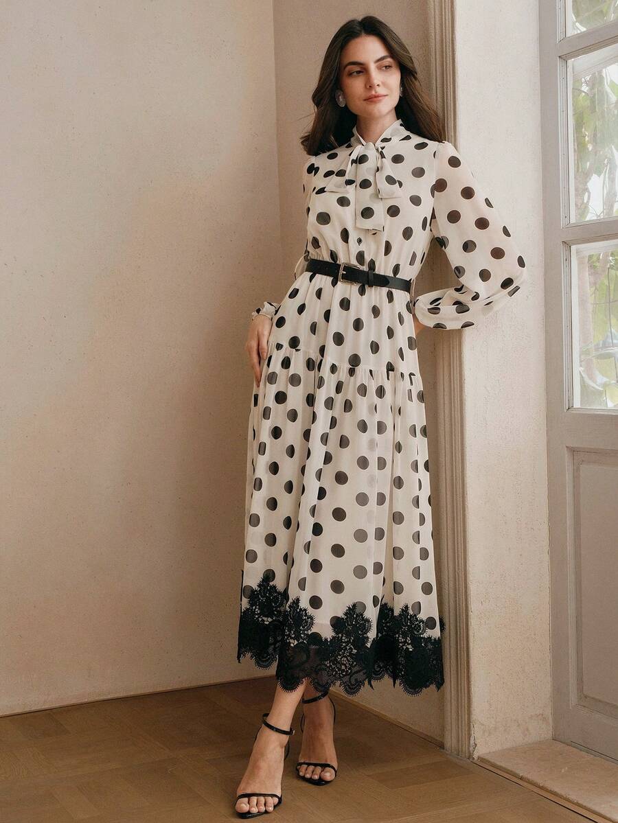 Elegantes Damen-Kleid aus Chiffon mit Polka-Dot-Muster, Spitzendetails und Bindegürtel