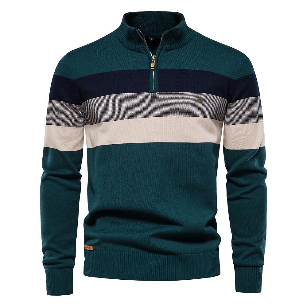 Herren-Pullover mit halbem Reißverschluss, Stehkragen und Kontraststreifen