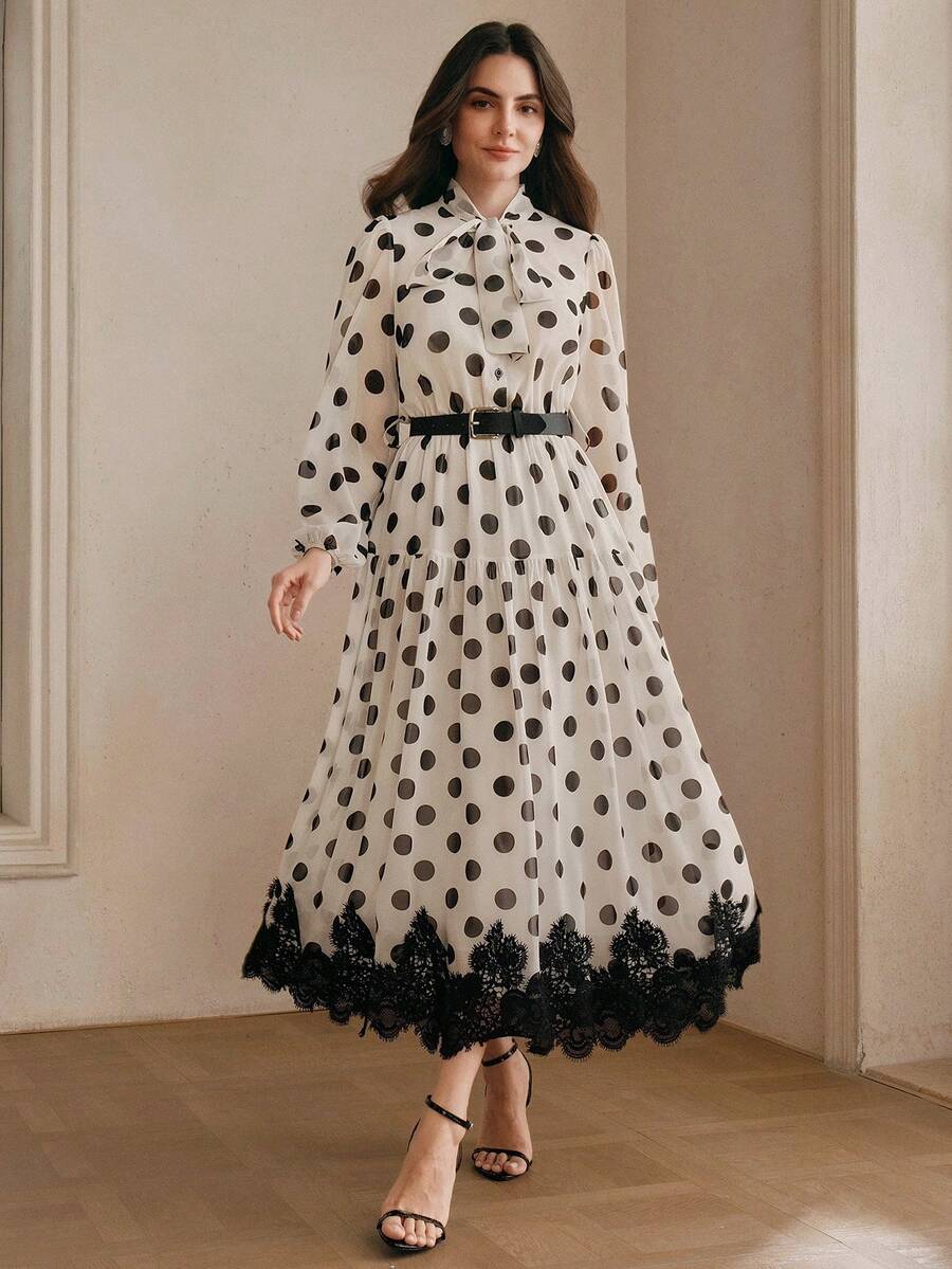 Elegantes Damen-Kleid aus Chiffon mit Polka-Dot-Muster, Spitzendetails und Bindegürtel