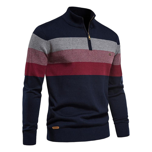 Herren-Pullover mit halbem Reißverschluss, Stehkragen und Kontraststreifen