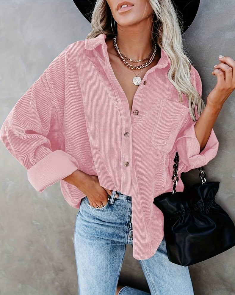 Damen Samt-Bluse mit langen Ärmeln, lässiger Vintage-Stil, Herbst/Winter
