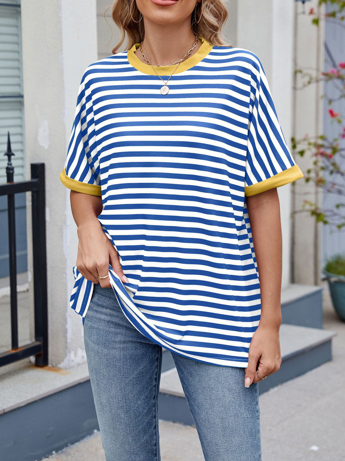 💖Damen Oversized Sommer-Oberteile Gestreiftes Freizeit-T-Shirt