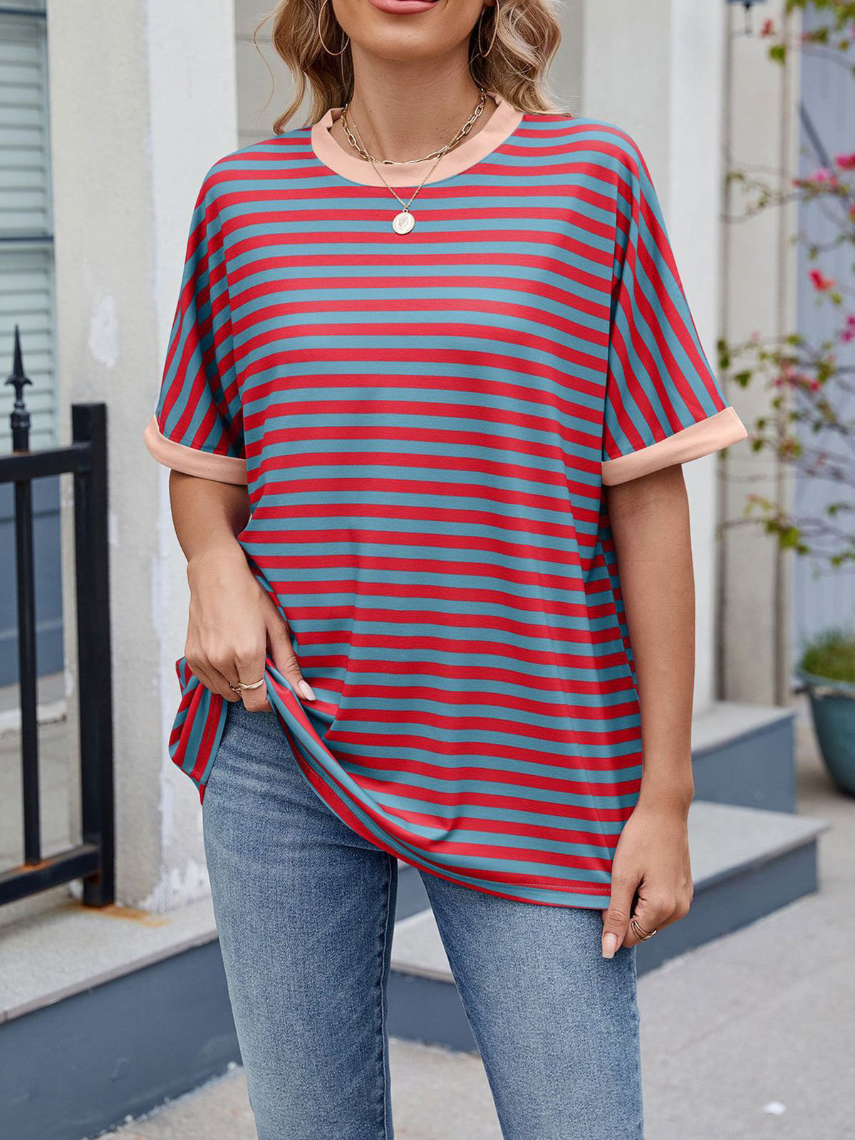💖Damen Oversized Sommer-Oberteile Gestreiftes Freizeit-T-Shirt
