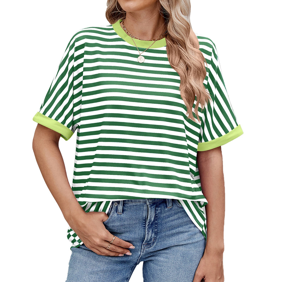 💖Damen Oversized Sommer-Oberteile Gestreiftes Freizeit-T-Shirt