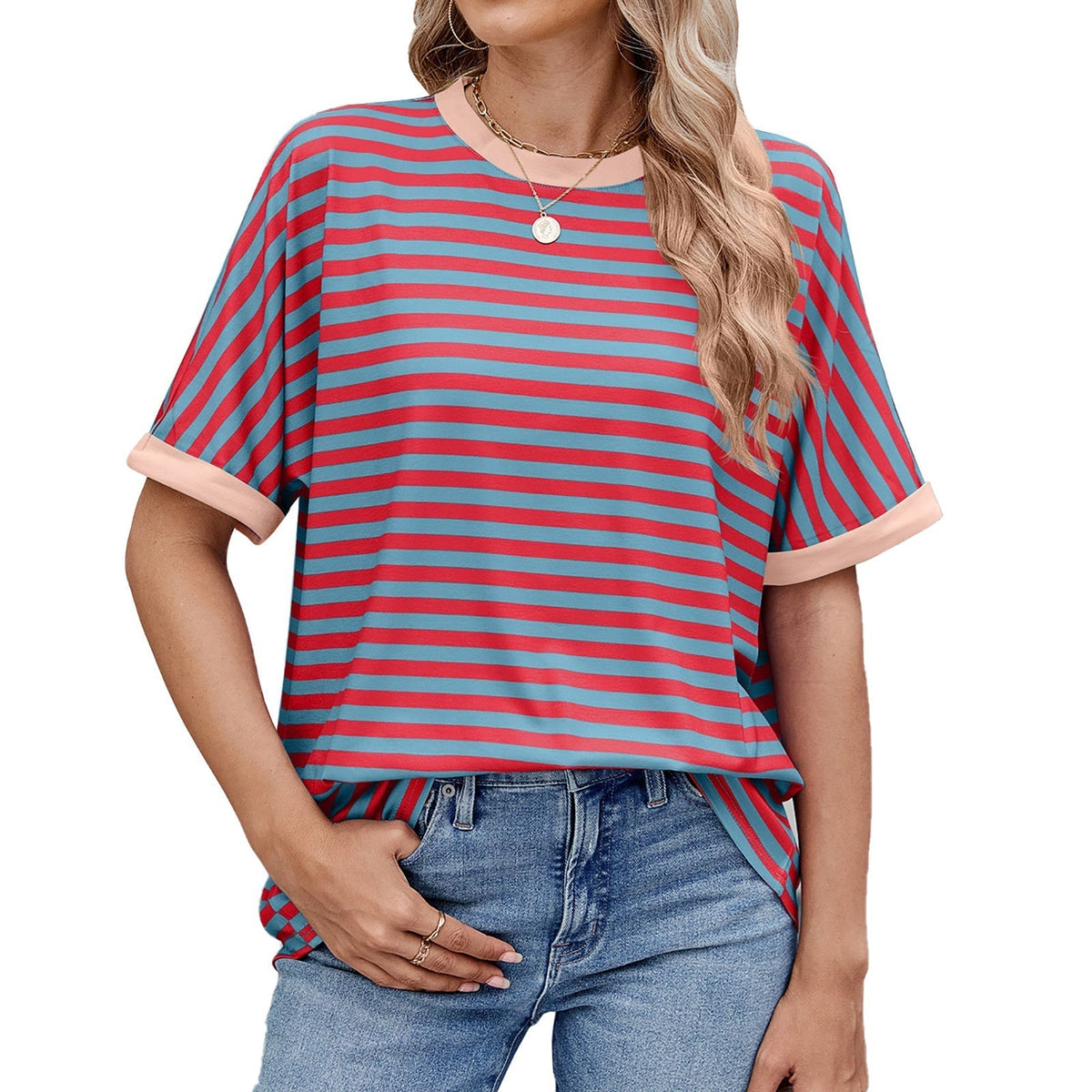 💖Damen Oversized Sommer-Oberteile Gestreiftes Freizeit-T-Shirt