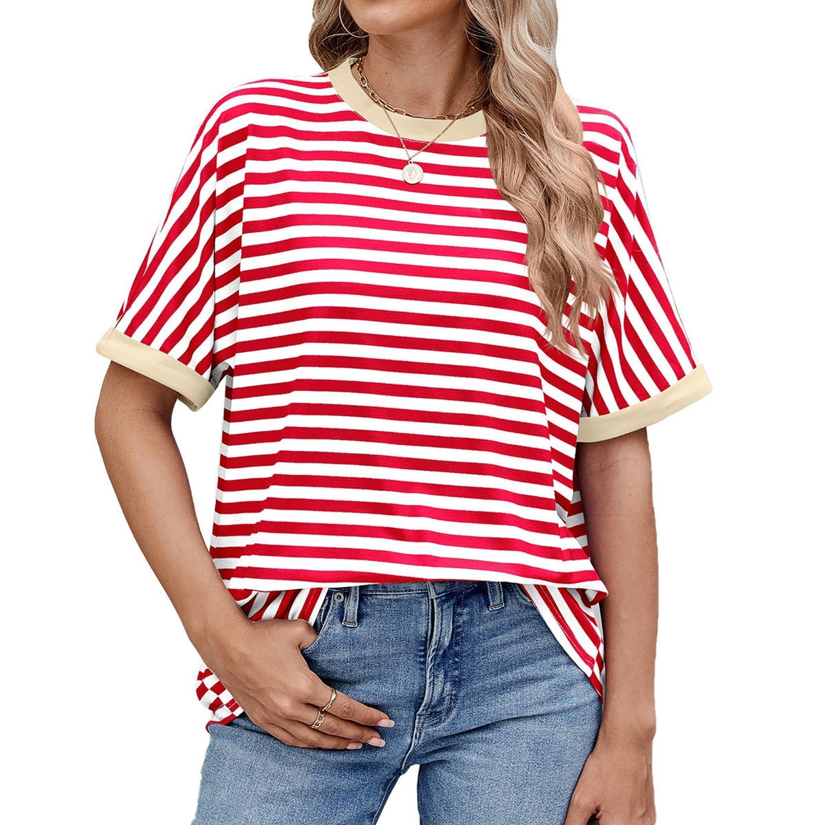 💖Damen Oversized Sommer-Oberteile Gestreiftes Freizeit-T-Shirt