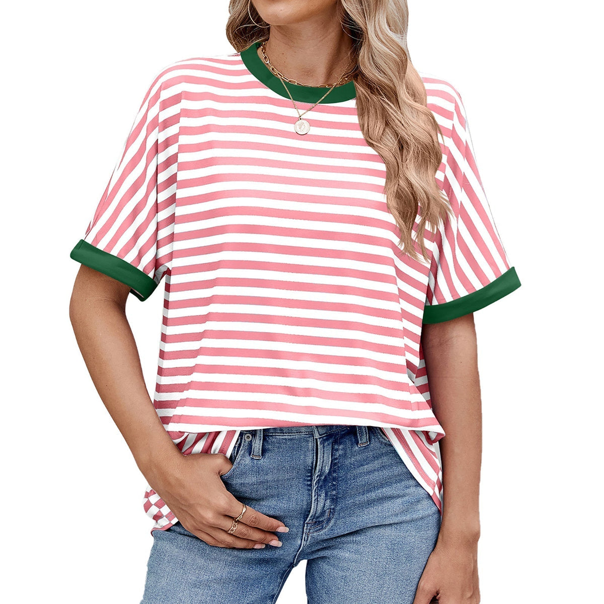 💖Damen Oversized Sommer-Oberteile Gestreiftes Freizeit-T-Shirt