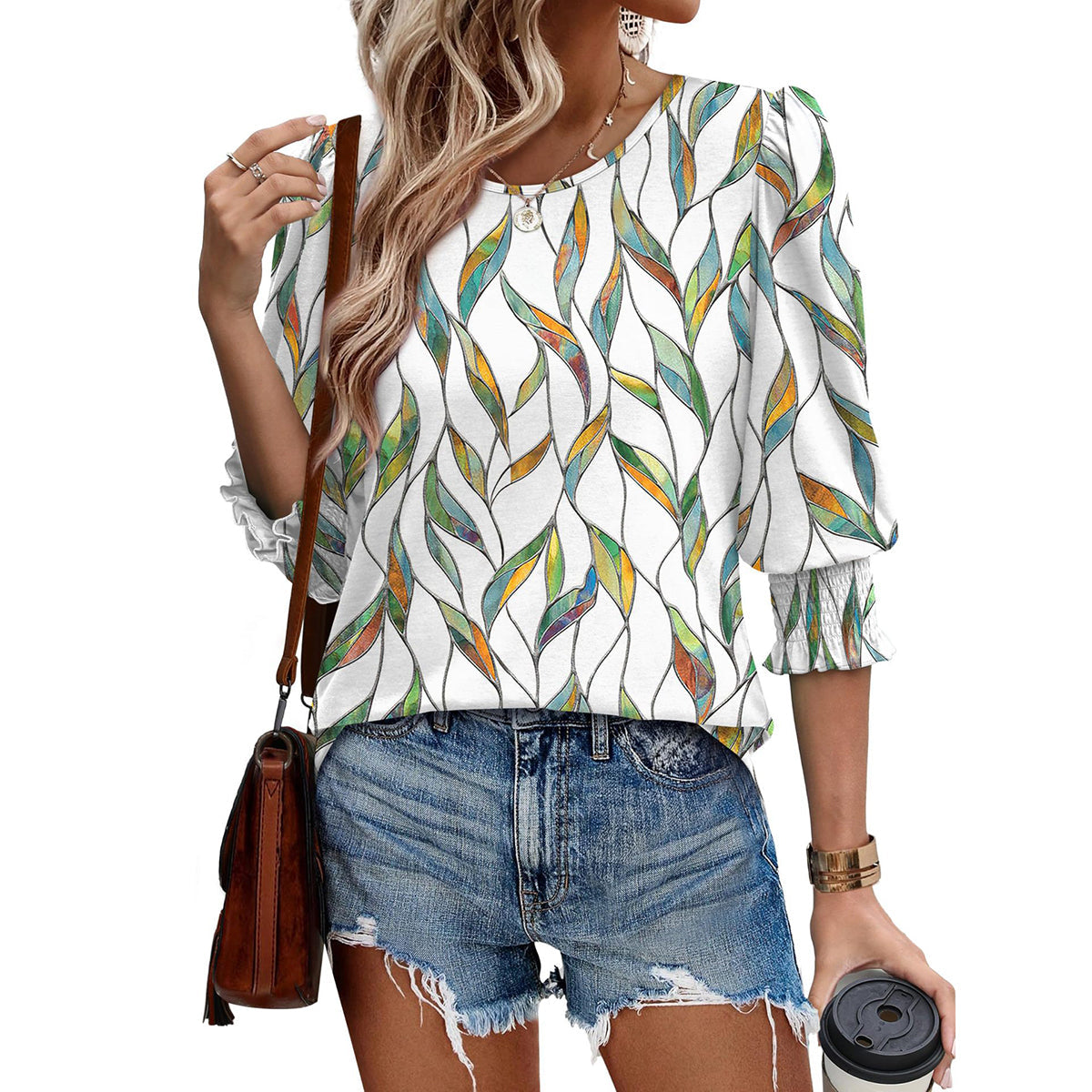 🥳Damen-Sommer-Oberteile mit Print, Ellenbogenlänge, locker sitzendes T-Shirt