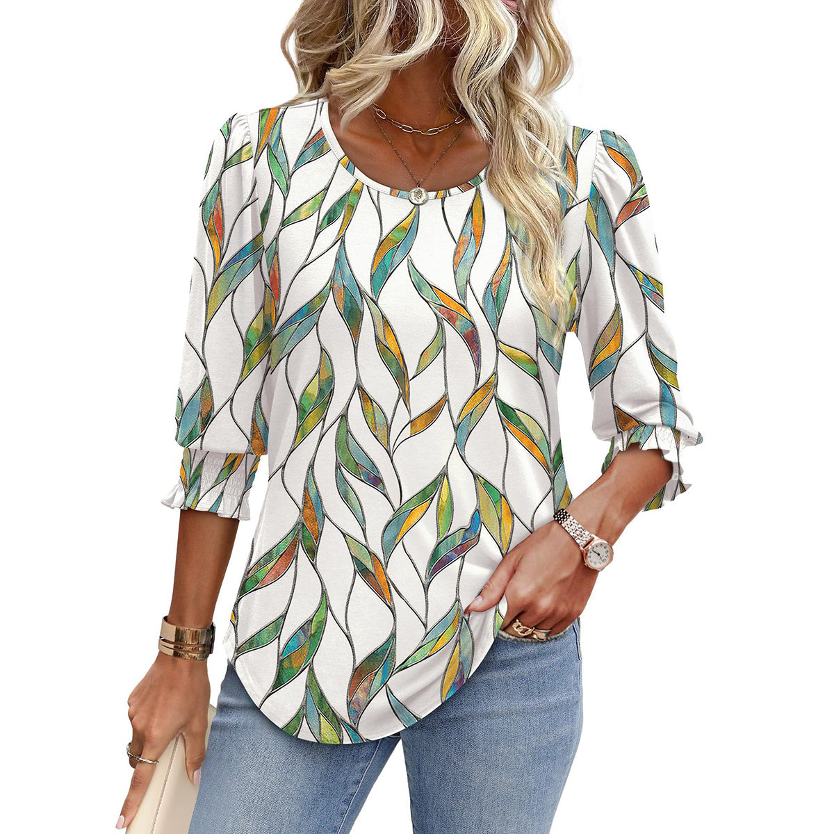 🥳Damen-Sommer-Oberteile mit Print, Ellenbogenlänge, locker sitzendes T-Shirt