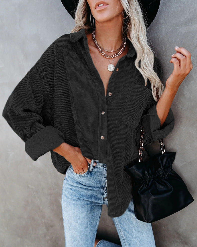 Damen Samt-Bluse mit langen Ärmeln, lässiger Vintage-Stil, Herbst/Winter