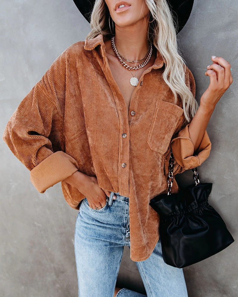 Damen Samt-Bluse mit langen Ärmeln, lässiger Vintage-Stil, Herbst/Winter