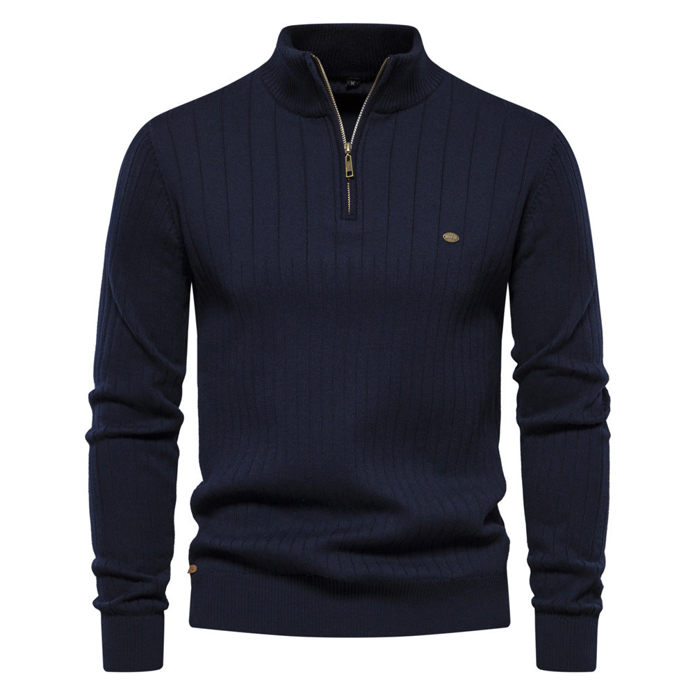 Herren Lässiger Baumwoll-Pullover mit halbem Reißverschluss und Stehkragen
