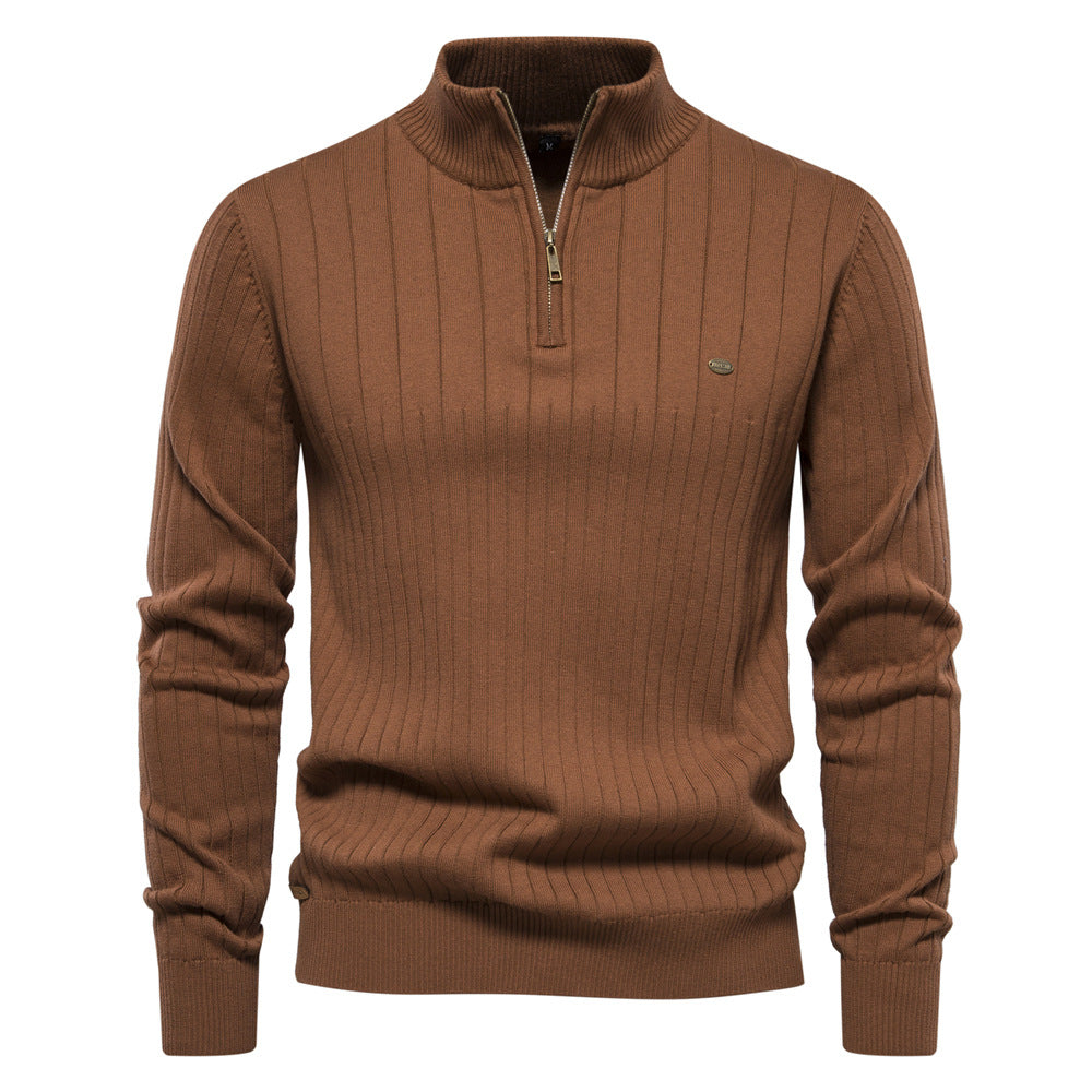 Herren Lässiger Baumwoll-Pullover mit halbem Reißverschluss und Stehkragen