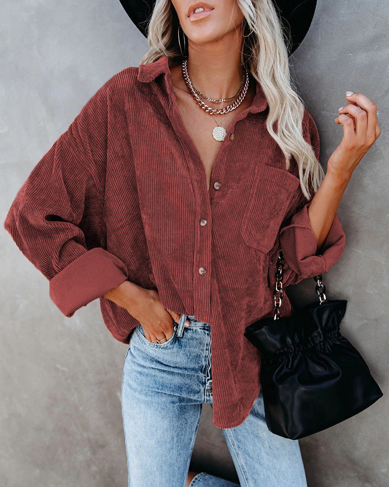 Damen Samt-Bluse mit langen Ärmeln, lässiger Vintage-Stil, Herbst/Winter